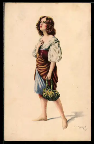 Künstler-AK sign. C. Visard: Junge Frau mit Tasche in der Hand blickt fragend gen Himmel