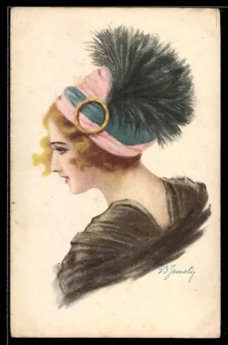 Künstler-AK sign. B. Jemoly: Frau mit Federn am Hut im Seitenporträt