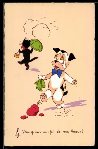 Künstler-AK sign. Gil: Hund weint mit gebrochenem Herzen und sieht der Katze hinterher