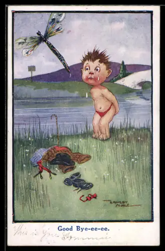Künstler-AK sign. Ernest Noble: Weinender Junge am Seeufer