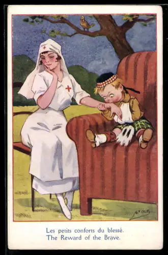 Künstler-AK sign. Mac: Kleiner Schotte küsst dankbar die Hand der Krankenschwester