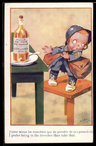Künstler-AK sign. Mac: Kleiner Junge schreckt vor der Portion Lebertran zurück