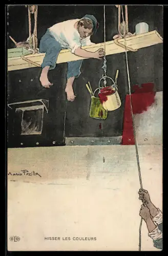 Künstler-AK sign. Mario Pezilla: Maler empfängt die Farbeimer von seinem Kollegen