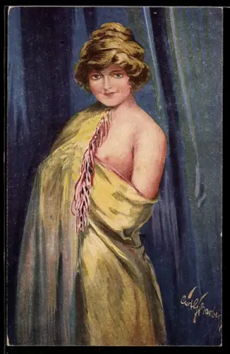 Künstler-AK sign. Curt G. Barber: Frau hüllt sich nach dem Bade in ein Laken