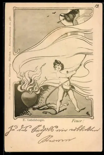 Künstler-AK sign. E. Gabelsberger: Amor läutet das Feuerwehrmann die Glöcke und blickt auf das brennende Herz