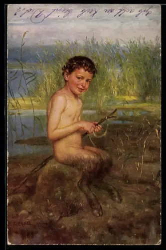 Künstler-AK sign. Johann Friedr. Engel: Angelnder Faun