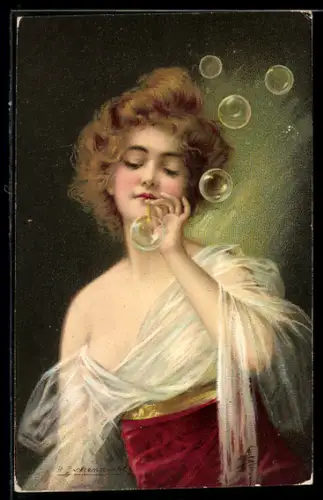 Künstler-AK sign. B. Zickendraht: Junge Dame bläst Seifenblasen in die Luft