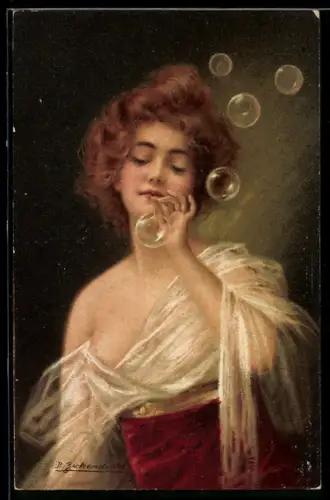 Künstler-AK sign. B. Zickendraht: Junge Frau bläst Seifenblasen in die Luft