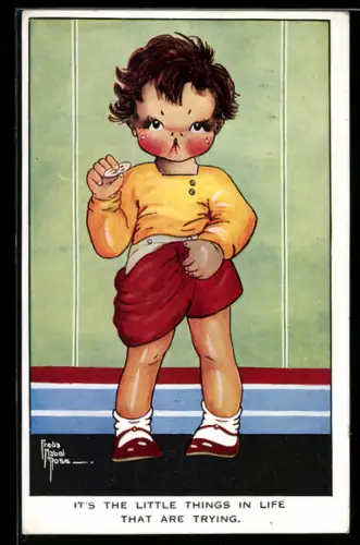 Künstler-AK sign. Freda Mabel Rose: Kleines Mädchen verzieht schmerzverzerrt das Gesicht