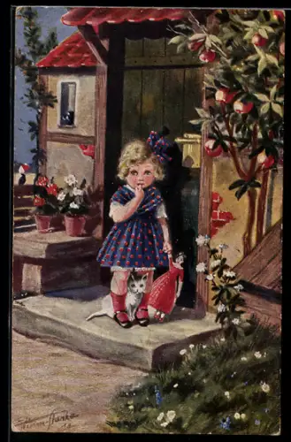 Künstler-AK sign. William Stanke: Kleines Mädchen steht mit seiner Puppe und seinem Kätzchen vor der Tür, Miezerl