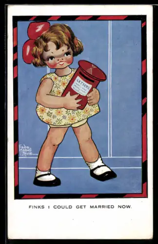 Künstler-AK sign. Freda Mabel Rose: Mädchen hält einen kleinen Briefkasten in der Hand