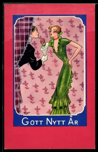 Künstler-AK sign. Birger: Eleganter Herr überreicht der Dame eine Rose