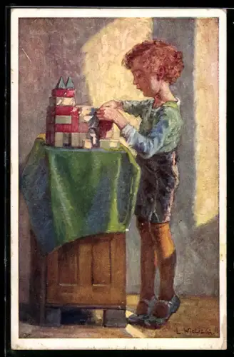 Künstler-AK sign. L. Widlizka: Junge spielt mit Bauklötzen