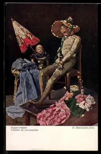 Künstler-AK ein Puppentheater mit Mann und Baby