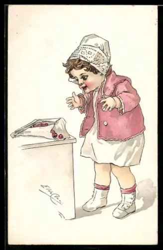 Künstler-AK sign. Elda Cenni: Mädchen mit einer Tüte Kirschen