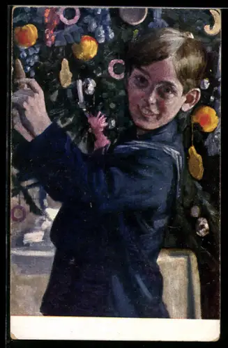 Künstler-AK sign. Geo Gerlach: Junge im Matrosenhemd am Weihnachtsbaum