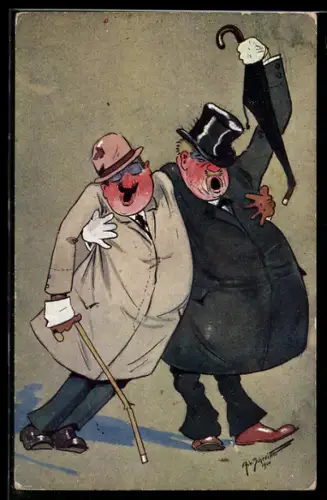 AK Zwei Betrunkene mit zerbrochenen Spazierstöcken wanken über die Strasse