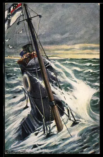 Künstler-AK Deutsche Unterseeboot auf Patrouille an der englischen Küste, U-Boot