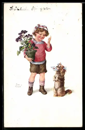 Künstler-AK sign. Florence Cownie: Junge schimpft mit dem Hund