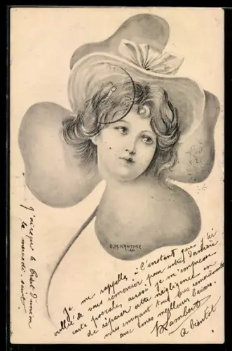 Künstler-AK sign. E. M. Kantner: Junge Dame mit Hut auf Kleeblatt