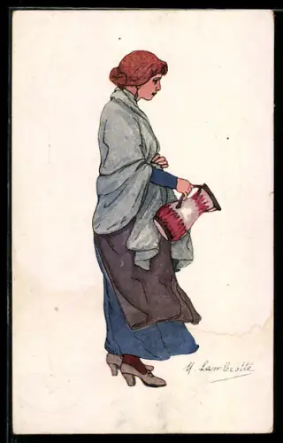 Künstler-AK sign. M. Lambiotte: Frau mit Krug in der Hand