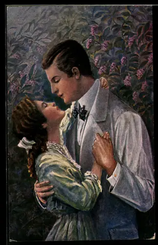 Künstler-AK sign. Dutzauer: Junges Liebespaar vor Fliederbusch