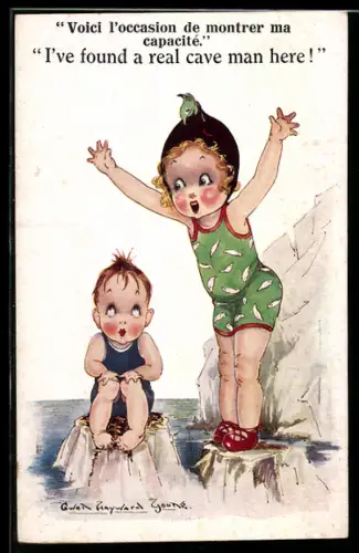 Künstler-AK sign. Gwen Hayward Young: Kinderpaar im Badeanzug