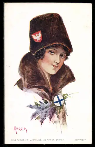 Künstler-AK sign. O. Brock: Russia, Junge Frau mit Fellmütze