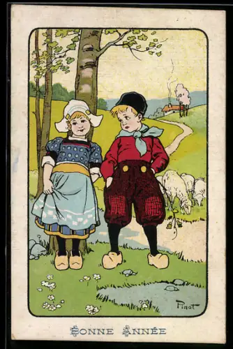 Künstler-AK sign. Pinot: Holländisches Pärchen mit Schafen, Neujahrsgruss