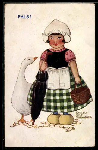 Künstler-AK sign. Kathleen Irene Murnaghan: Holländerin in Holzschuhen mit Gans