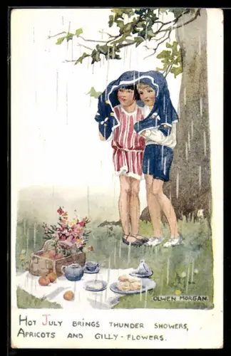 Künstler-AK sign. Olwen Morgan: Pärchen beim Picknicken im Regen