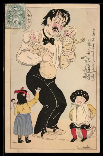 Künstler-AK sign. R. Morales: Vater mit zwei Babys auf dem Arm