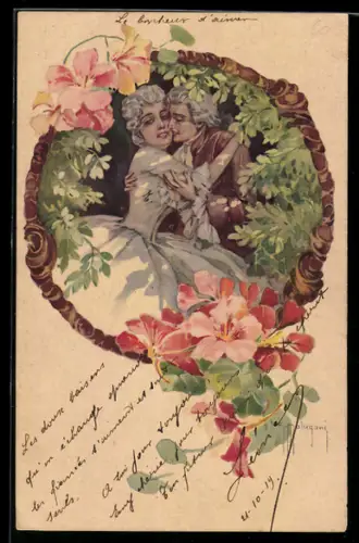 Künstler-AK sign. G. Malugani: Liebespaar mit Blumen, Passepartout