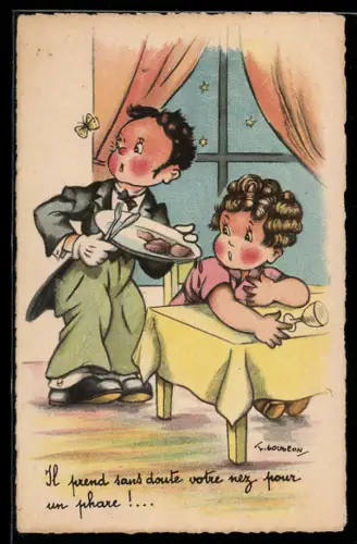 Künstler-AK sign. L. Gougeon: Kellner und Frau schauen Schmetterling nach