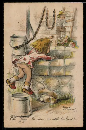 Künstler-AK sign. Roger Levasseur: Kinder sppielen am Brunnen