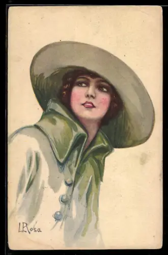 Künstler-AK sign. L. Rosa: Frau im Mantel mit Hut
