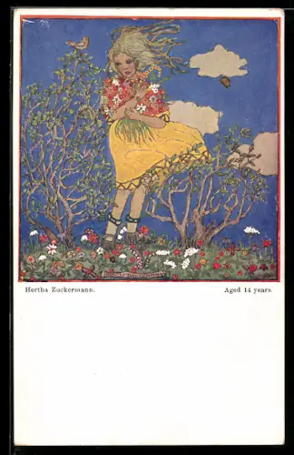 Künstler-AK sign. Hertha Zuckermann: Junge Frau mit Blumenstrauss