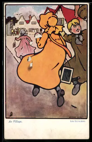 Künstler-AK sign. Graham Hyde: Schüler auf der Strasse