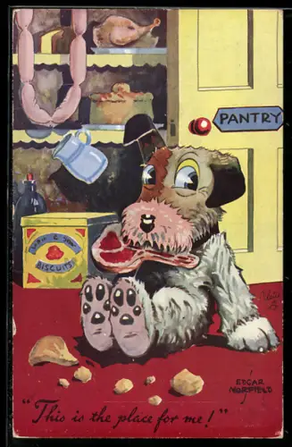 Künstler-AK sign. Edgar Norfield: Hund mit einer Schinkenscheibe