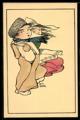 Künstler-AK Kleines niederländisches Paar bei starkem Wind