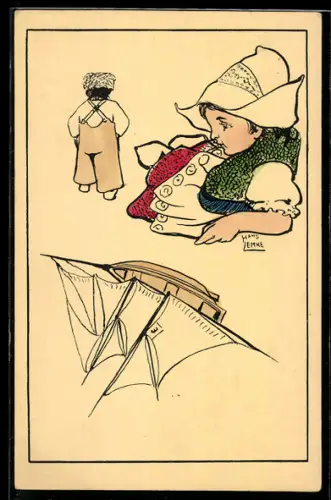 Künstler-AK sign. Lemke: Holländerin und Holländer mit Modellboot