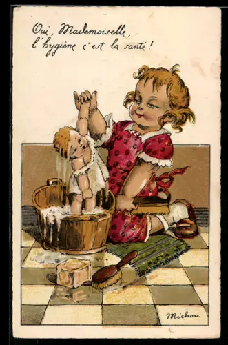 Künstler-AK sign. Michou: Mädchen wäscht seine Puppe