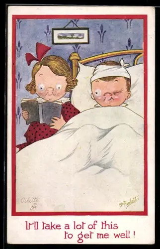 Künstler-AK sign. J. Parletti: Frau liest krankem Mann vor