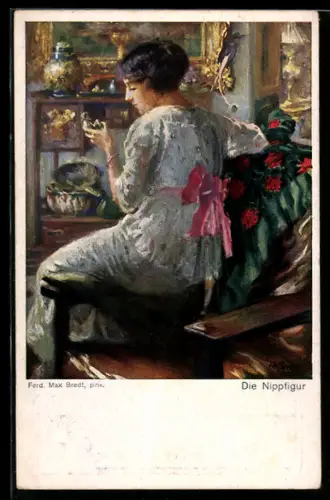 Künstler-AK sign. Max Bredt: Frau mit Nippfigur in der Hand