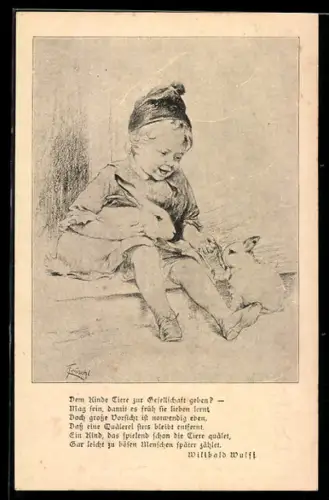 Künstler-AK sign. Fröschl: Junge spielt mit Hasen