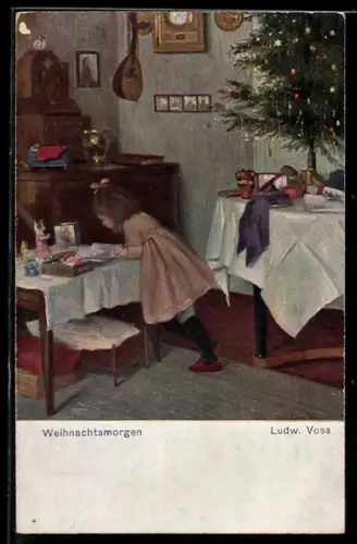 Künstler-AK sign. Ludw. Voss: Mädchen am Weihnachtsmorgen