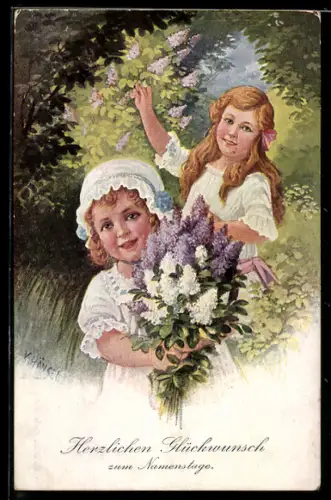 Künstler-AK sign. V. Hänsel: Zwei Mädchen mit Flieder, Glückwunsch zum Namenstag