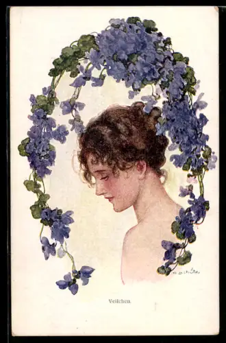 Künstler-AK sign. E. Schütz: Junge Frau mit Veilchen