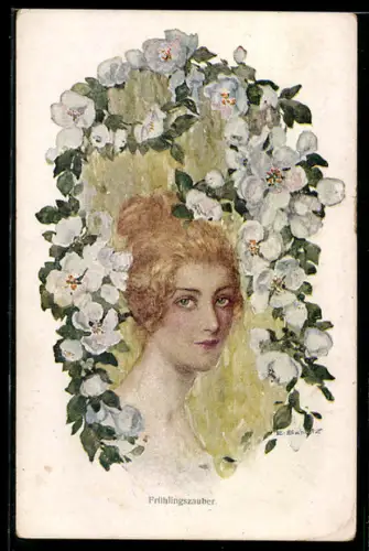 Künstler-AK sign. E. Schütz: Junge Frau im Frühling