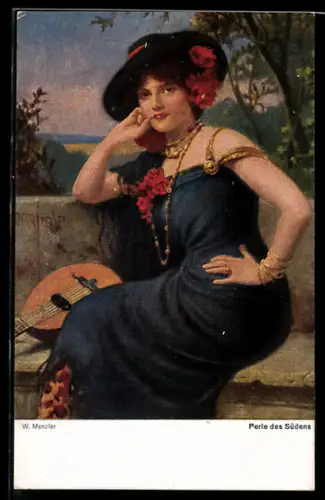 Künstler-AK sign. W. Menzler: Südländerin mit Lautengitarre